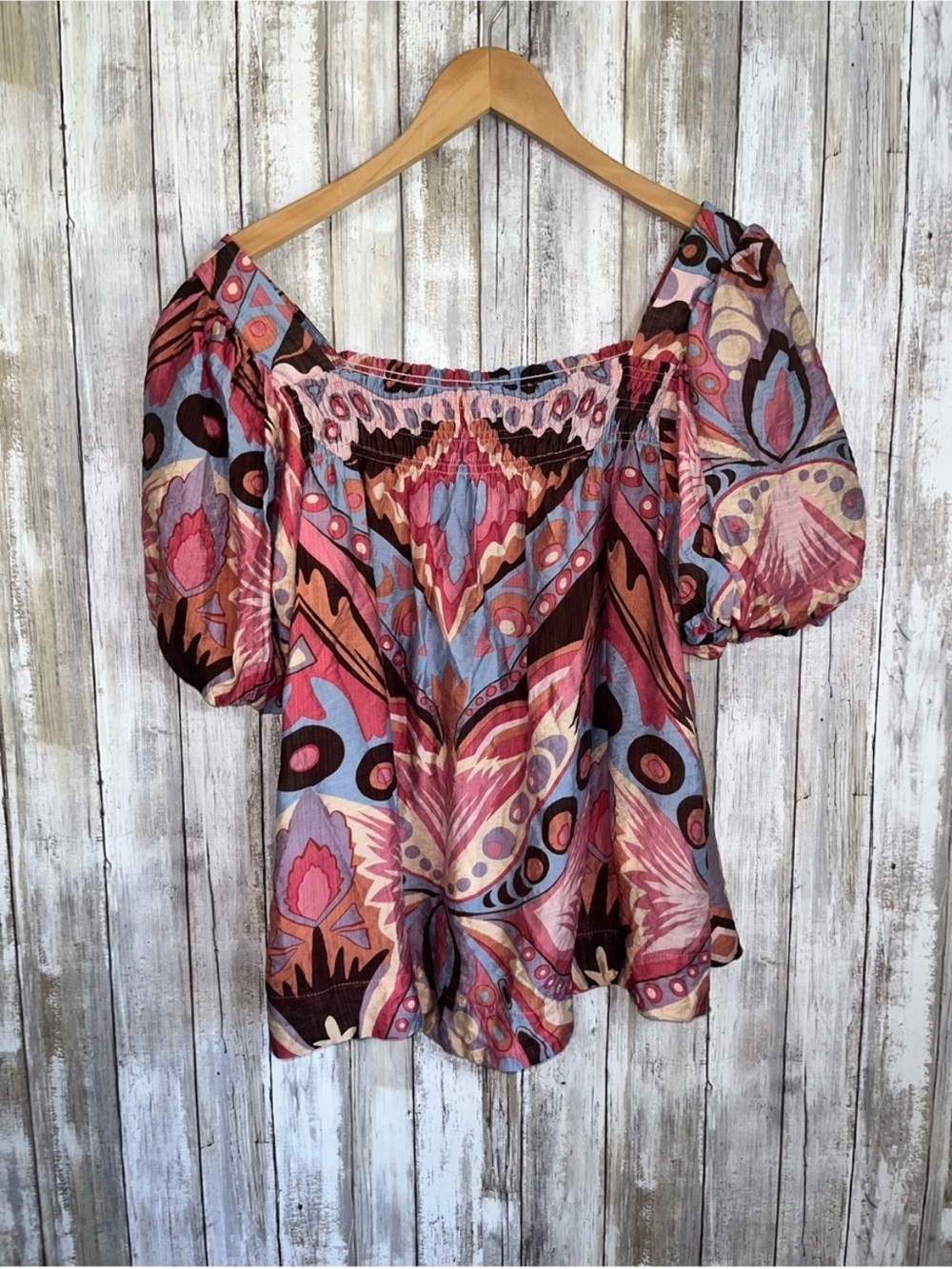 Umgee Boho Off Shoulder Blouse Medium Multicolor Abstract Floral Peasant Top - Picture 3 of 7